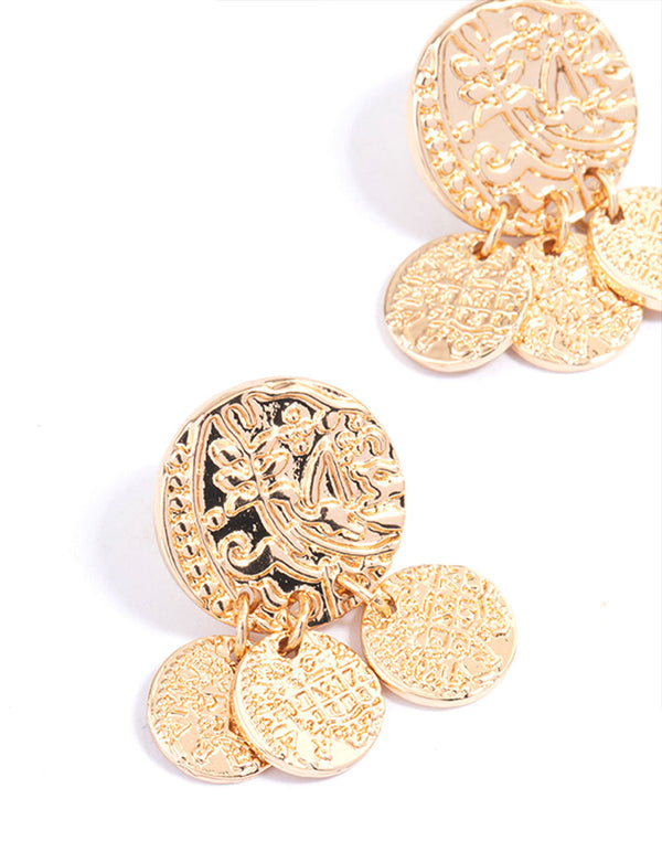 Gold Textured Disc Tassel Drop Earrings