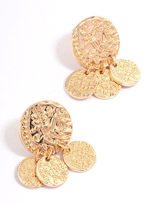 Gold Textured Disc Tassel Drop Earrings