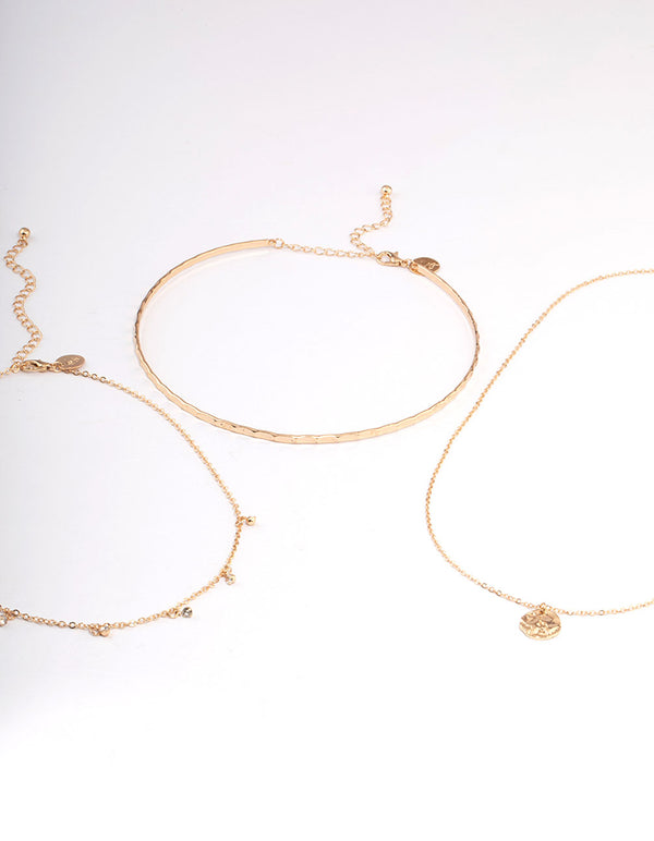 Gold Multi-Row Diamante Droplet Disc Necklace