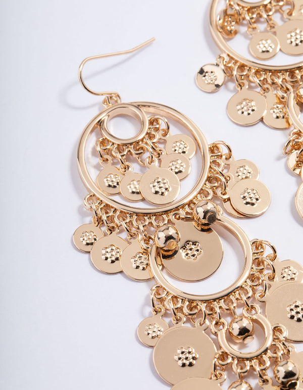 Gold Disc Round Tassel Drop Earrings