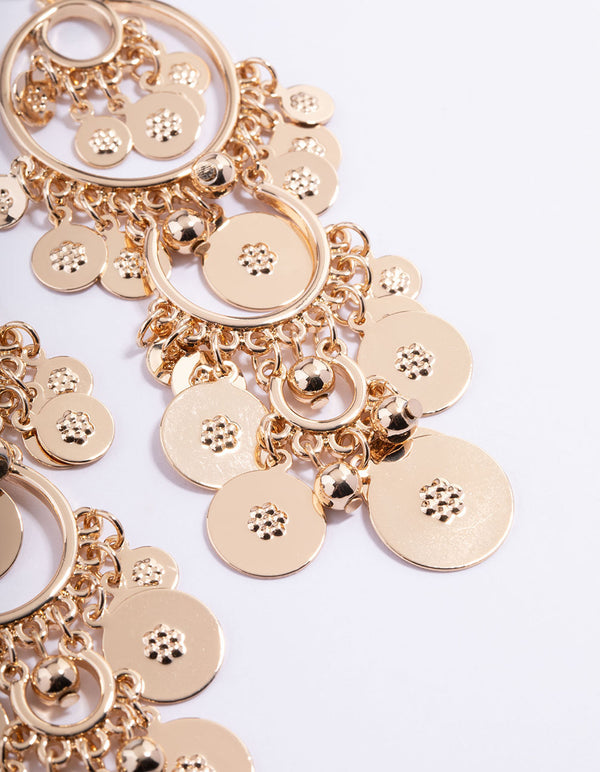 Gold Disc Round Tassel Drop Earrings