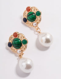 Gold Red Stone Texture Pearl Drop Earrings - link has visual effect only