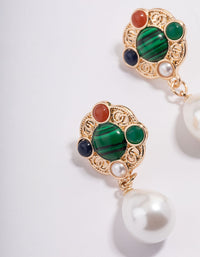 Gold Red Stone Texture Pearl Drop Earrings - link has visual effect only