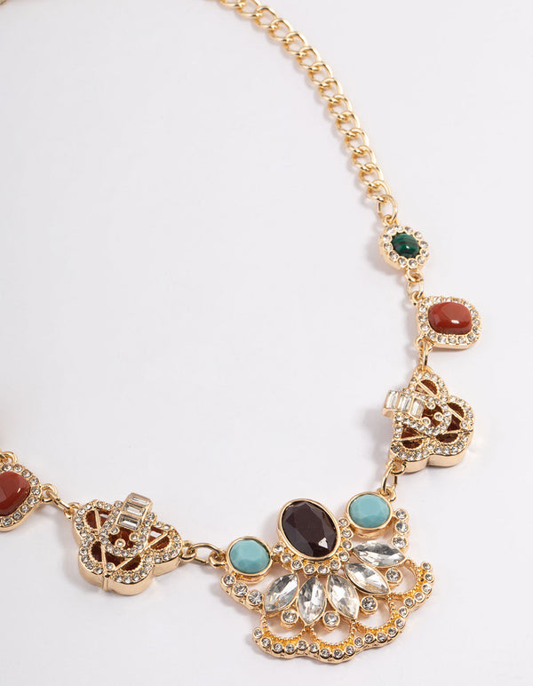 Gold Boho Diamante Stone Flower Necklace