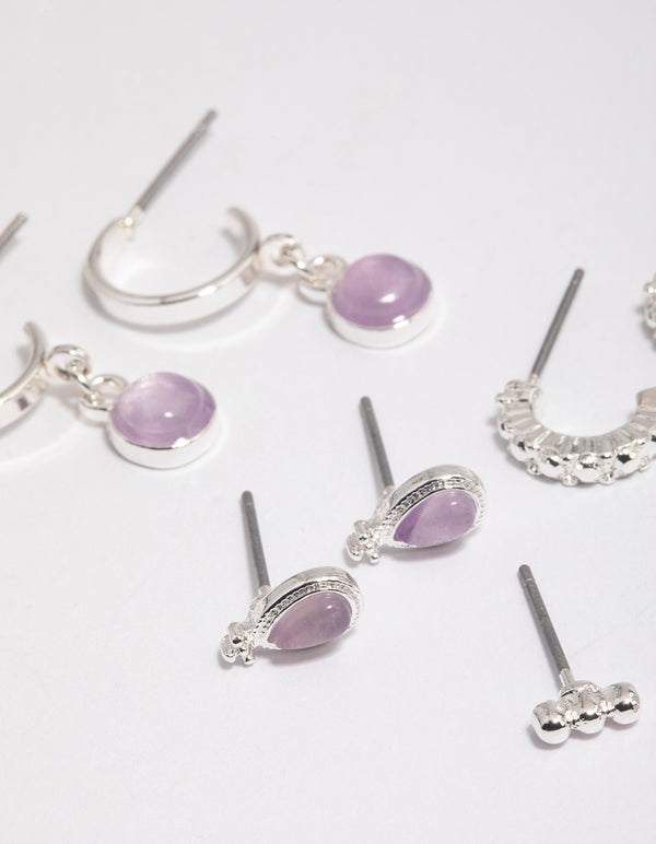 Silver Amethyst Boho Ball Stacker Earrings