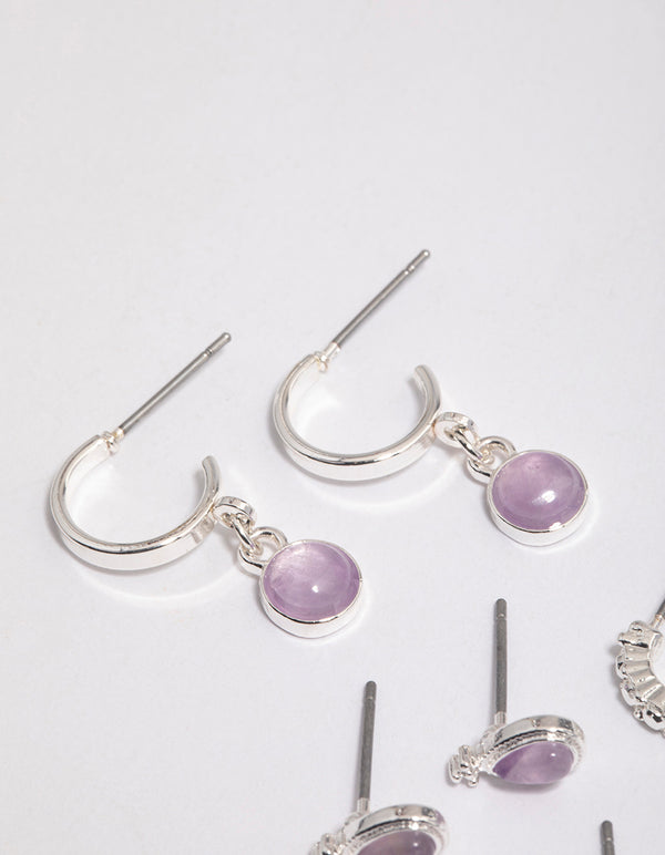 Silver Amethyst Boho Ball Stacker Earrings