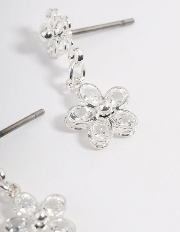 Silver Cubic Zirconia Double Daisy Drop Earrings