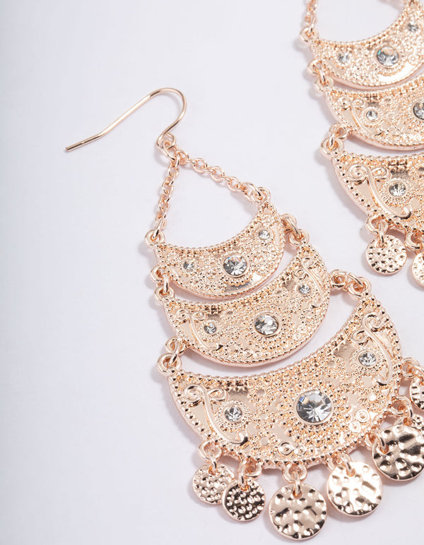 Rose Gold Stamp Three Layer Diamante Drop Earrings
