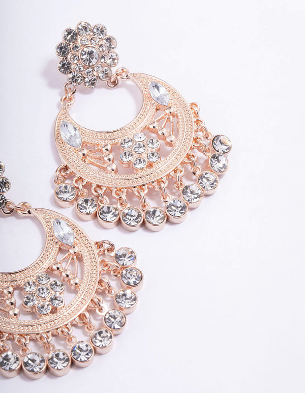 Rose Gold Diamante Flower Drape Earrings