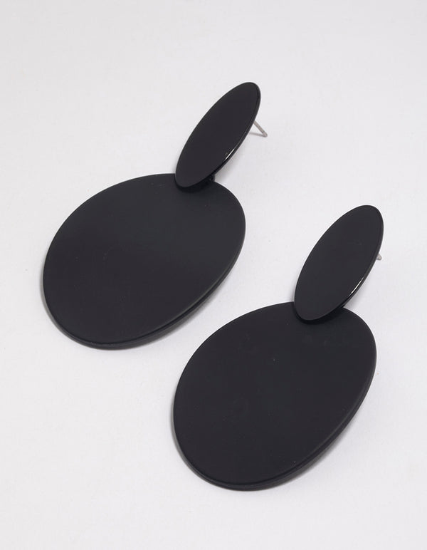 Coated Black Flat Oval Disc Drop Earrings