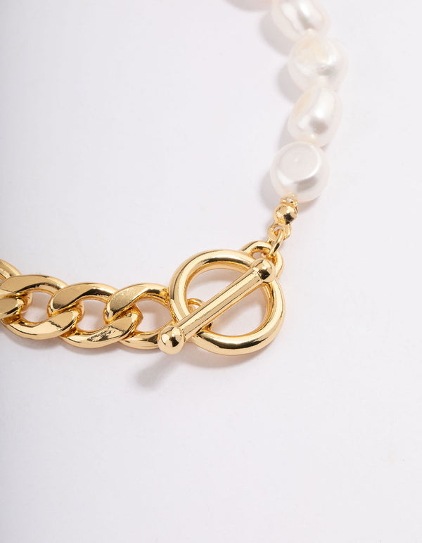 Gold Plated Freshwater Pearl Half Chain FOB Bracelet