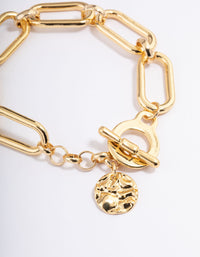 Gold Plated Large Link Disc FOB Bracelet - link has visual effect only