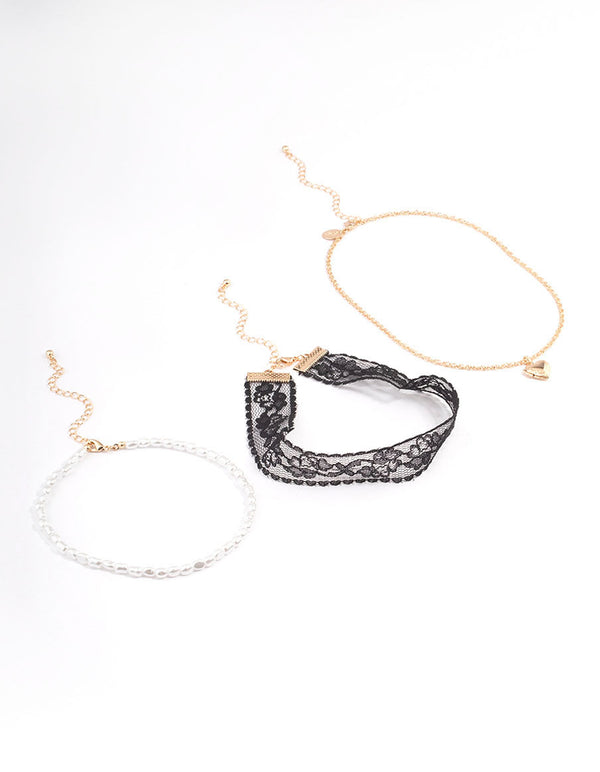 Gold Heart Pearl Lace Multi Necklace