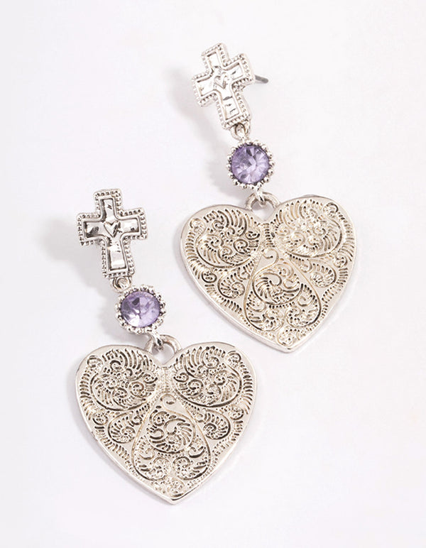 Antique Silver Textured Heart Cross Earrings