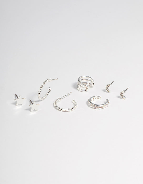 Silver Plated Star & Moon Stud Earrings 8-Pack