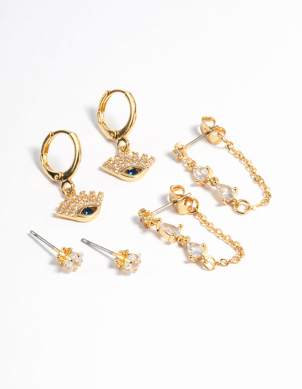 Gold Plated Cubic Zirconia Evil Eye Earrings 6-Pack