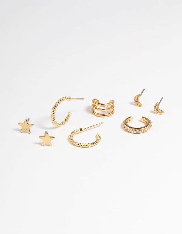 Gold Plated Star & Moon Stud Earrings 8-Pack