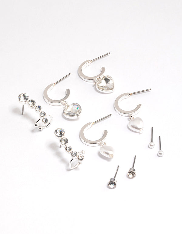 Silver Diamante Pearl Heart Mixed Earring Hoop 5-Pack