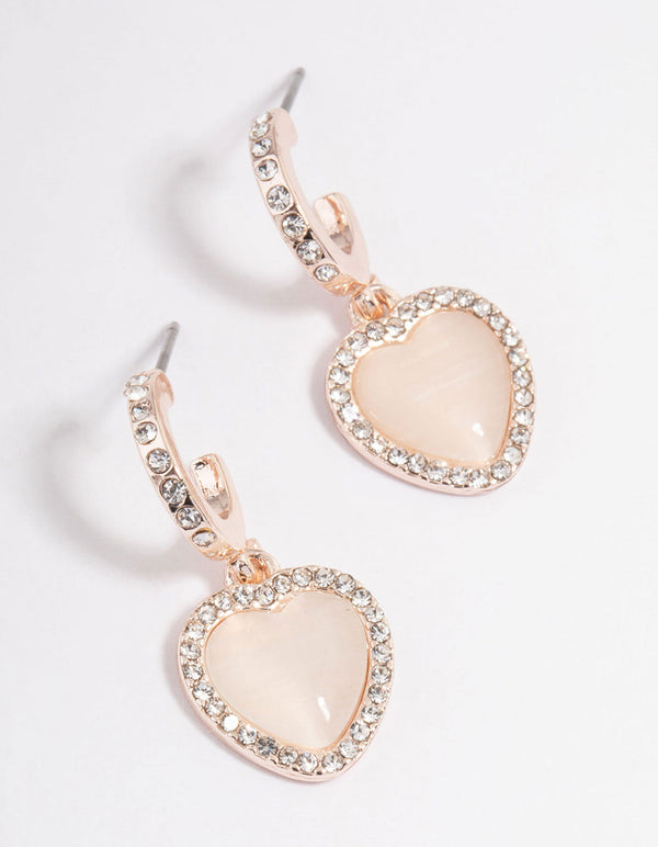 Rose Gold Catseye Diamante Heart Huggie Earrings