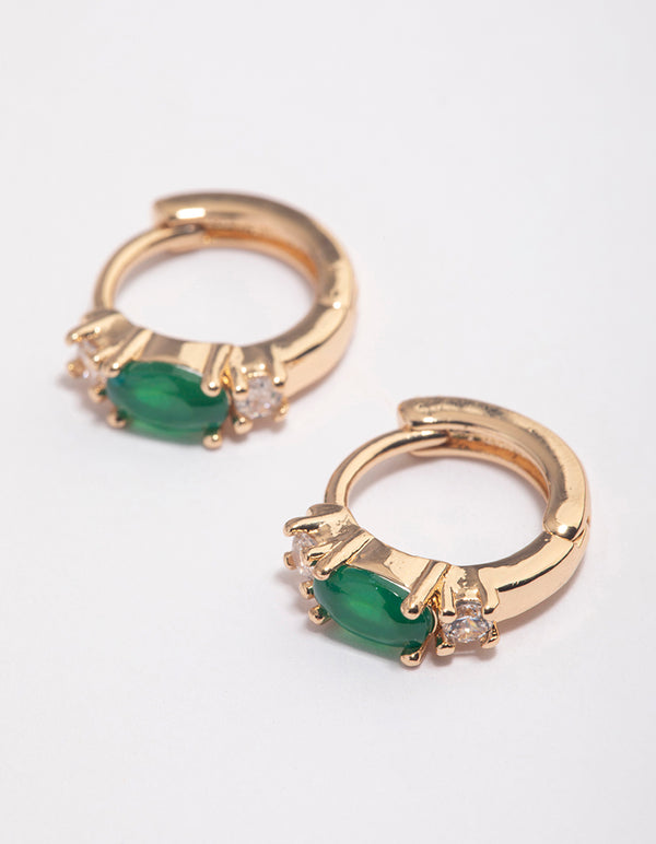 Gold & Green Stone Diamante Mini Huggie Earrings