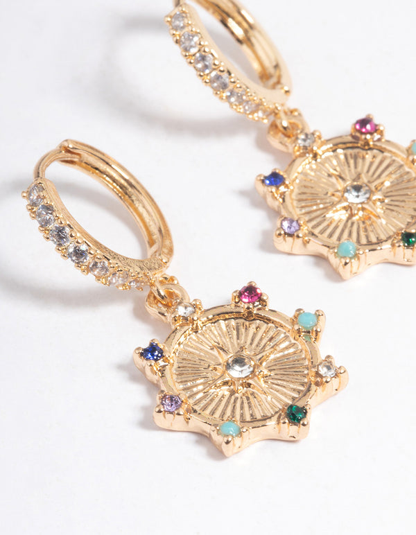 Gold Star Disc Rainbow Huggie Earrings