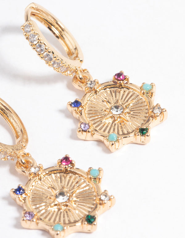 Gold Star Disc Rainbow Huggie Earrings