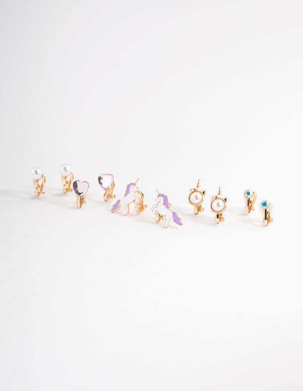 Kids Gold Unicorn & Pearl Clip On Earrings 5-Pack