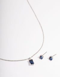 Rhodium Cubic Zirconia Sapphire Emerald Cut Out Jewellery Set - link has visual effect only