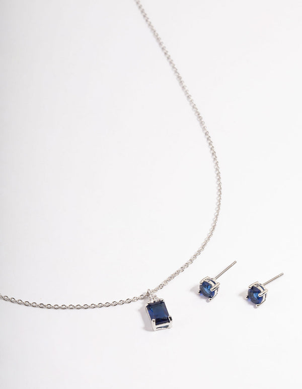 Rhodium Cubic Zirconia Sapphire Emerald Cut Out Jewellery Set