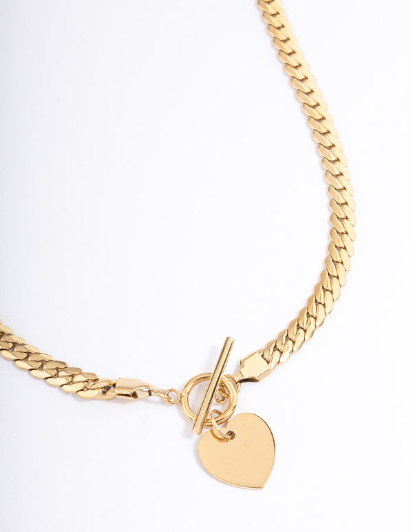 Gold Plated Stainless Steel Heart FOB Flat Chain Necklace