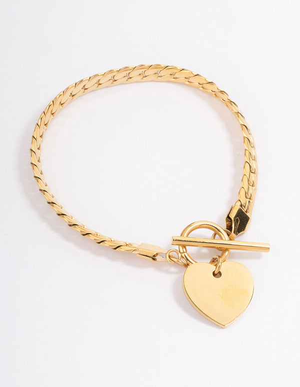 Gold Plated Stainless Steel Heart FOB Flat Chain Bracelet