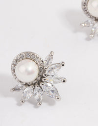 Silver Plated Cubic Zirconia Fan Pearl Stud Earrings - link has visual effect only