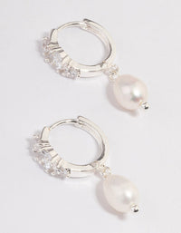 Silver Plated Freshwater Pearl Drop Cubic Zirconia Small Huggie Earrings - link has visual effect only