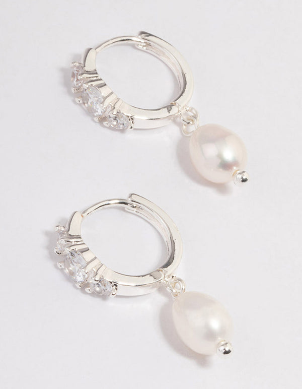 Silver Plated Freshwater Pearl Drop Cubic Zirconia Small Huggie Earrings