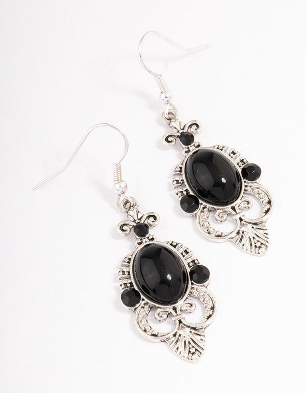 Black Oval Ornate Drop Earrings - Lovisa