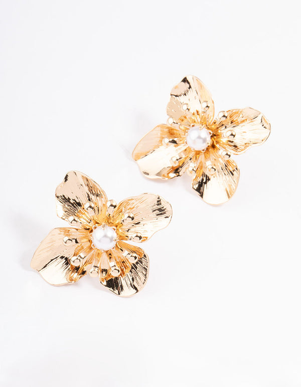 Gold Large Flower Pearl Stud Earrings
