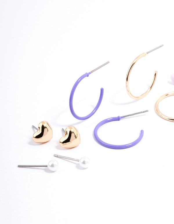 Gold Classic Pearl & Heart Earrings 8-Pack