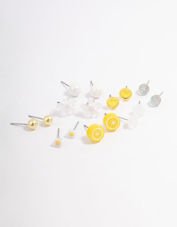 Yellow Smile Floral Stud Earrings 8-Pack