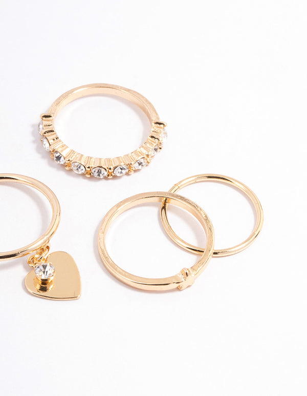Gold Diamante & Heart Charm Ring Pack
