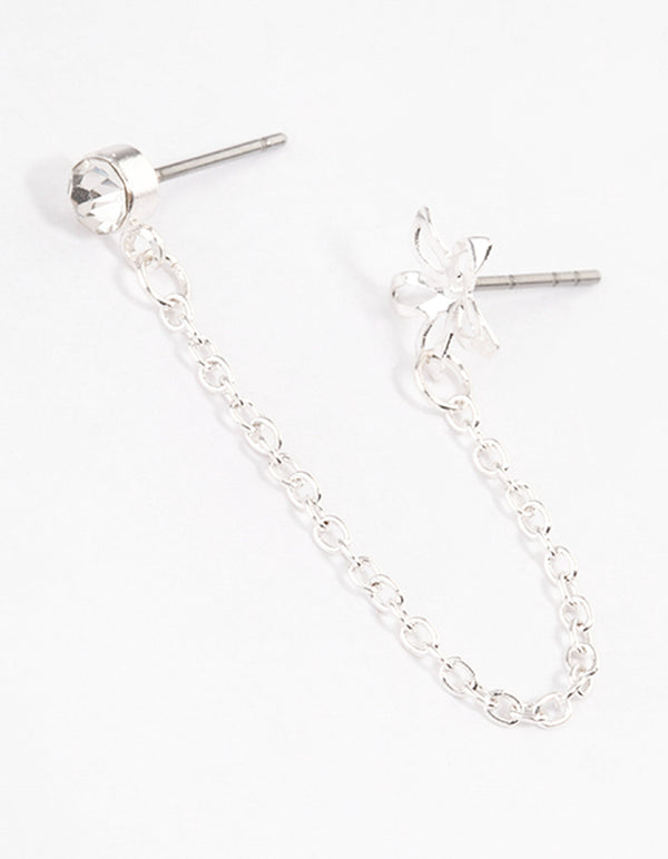 Silver Diamante & Flower Chain Earrings
