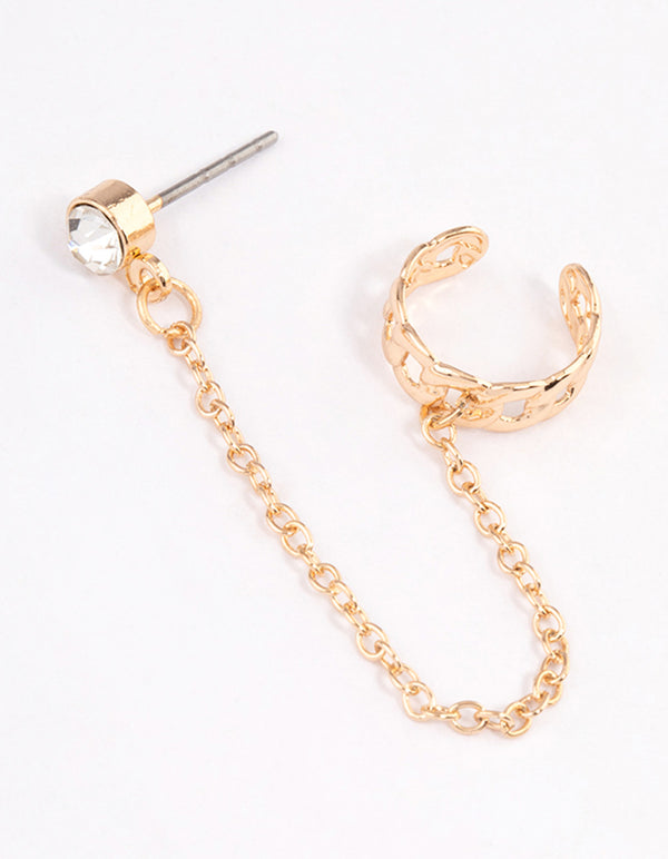Gold Chainlink Cuff & Diamante Chain Earrings - Lovisa