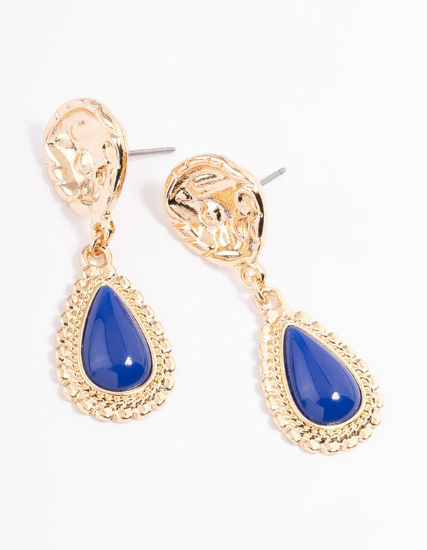 Blue Textured Boho Pear Drop Earrings