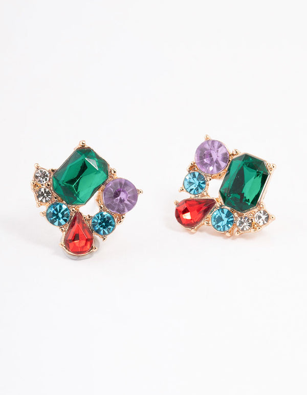 Gold Emerald Mixed Cluster Stud Earrings