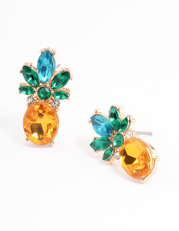 Gold Diamante Pineapple Stud Earrings