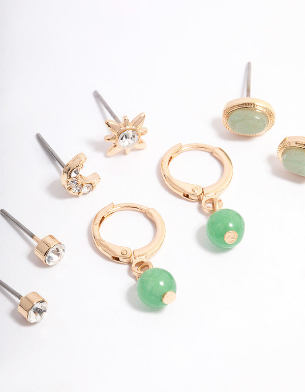 Gold Green Aventurine Diamante Celestial Stacker Earrings