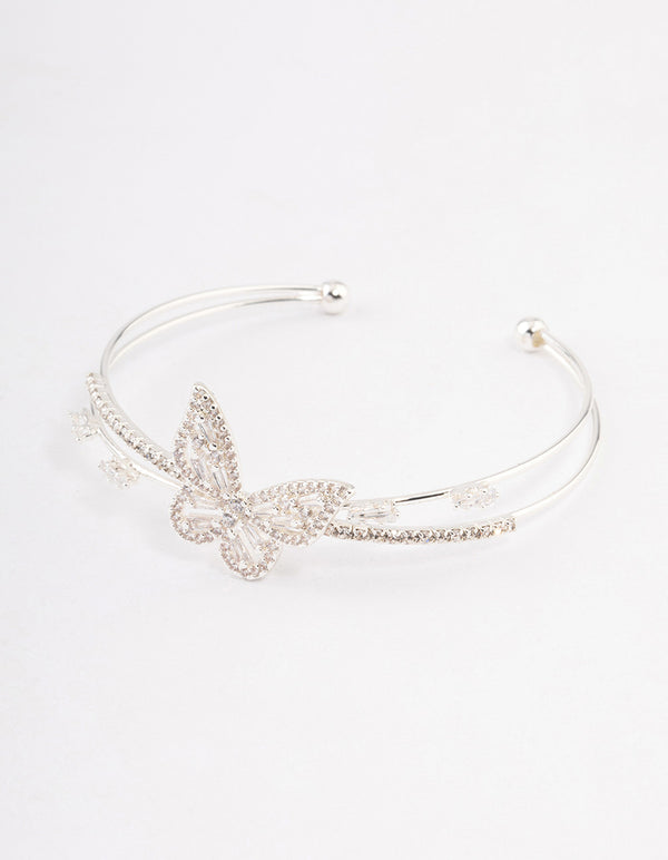 Silver Cubic Zirconia Butterfly Cross Over Cuff Bangle
