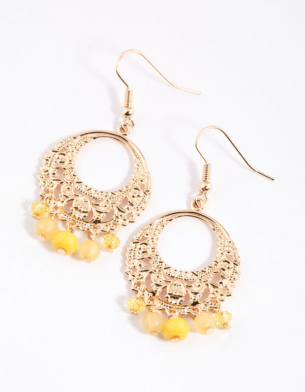 Yellow Round Ornate & Beaded Drop Earrings