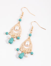 Turquoise Blue Bead & Pearl Drop Chandbali Earrings - link has visual effect only