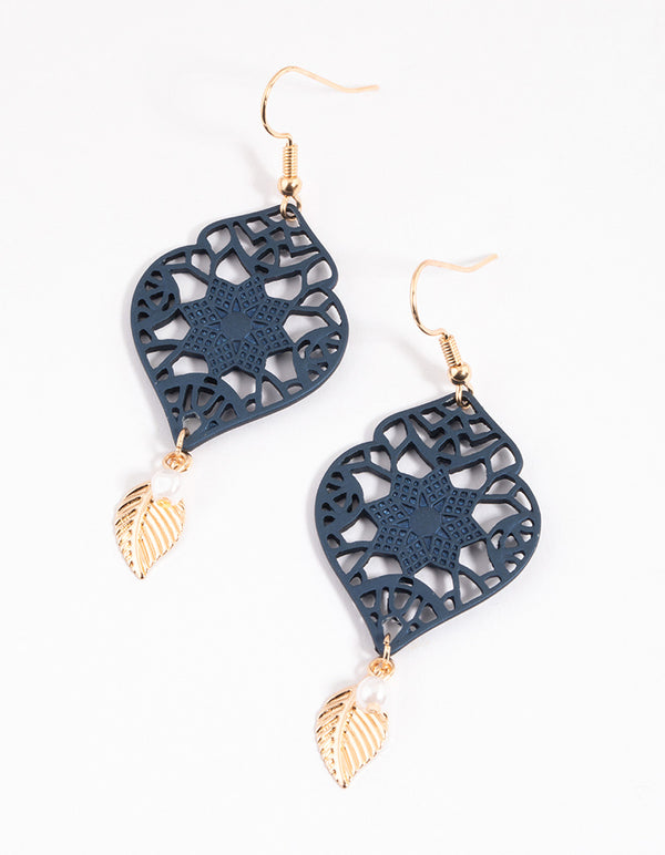Navy Ornate Pearl & Leaf Drop Earrings