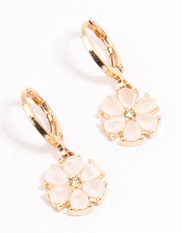 Gold Dainty Pearly Flower Huggie Earrings